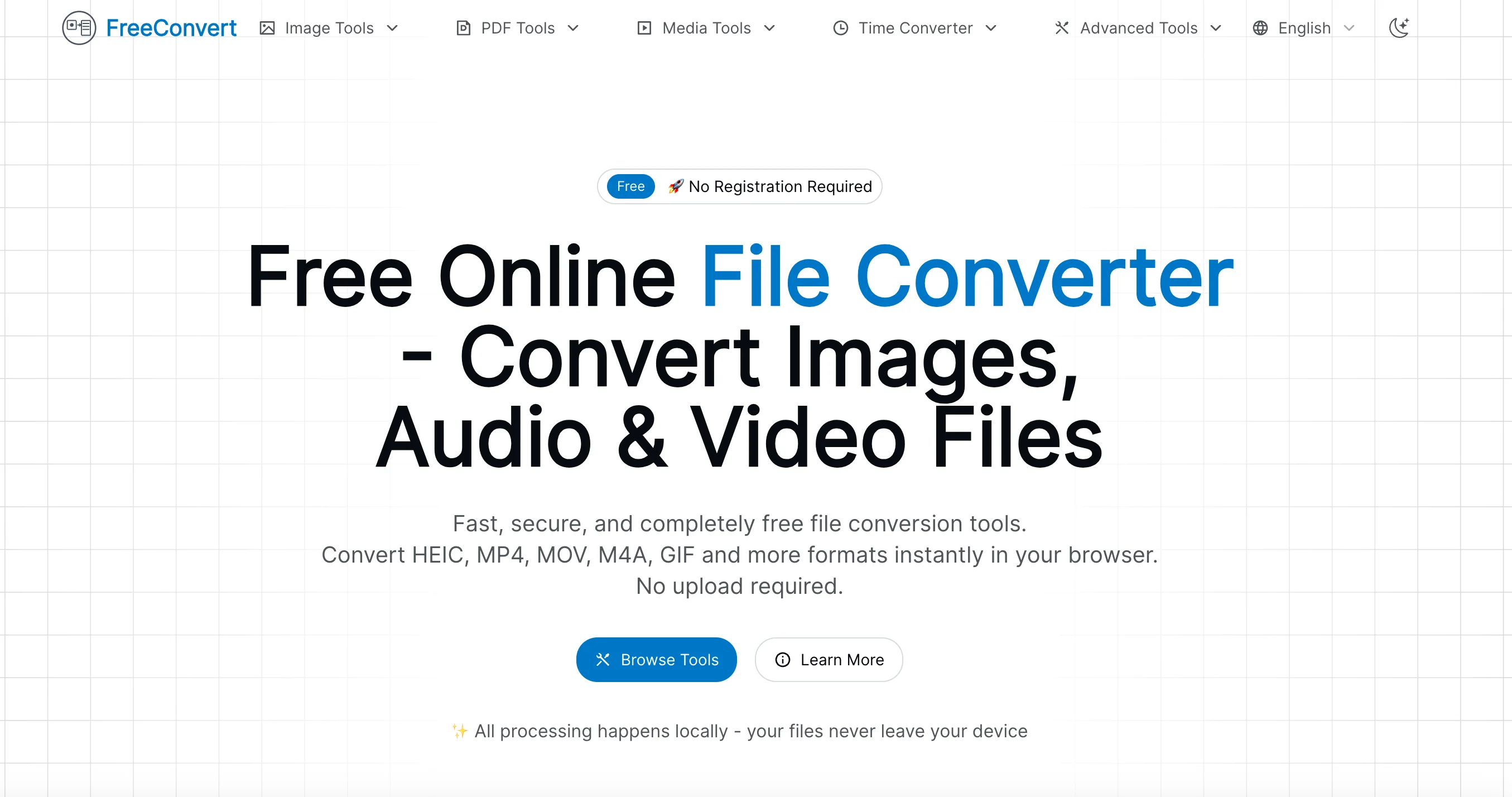 FreeConvert.cc Homepage - Clean interface showing all conversion tools
